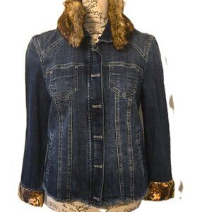 CHICO'S DENIM BLUE JEAN JACKET REMOVEABLE FUR COLLAR UTILITY BARN SIZE 0